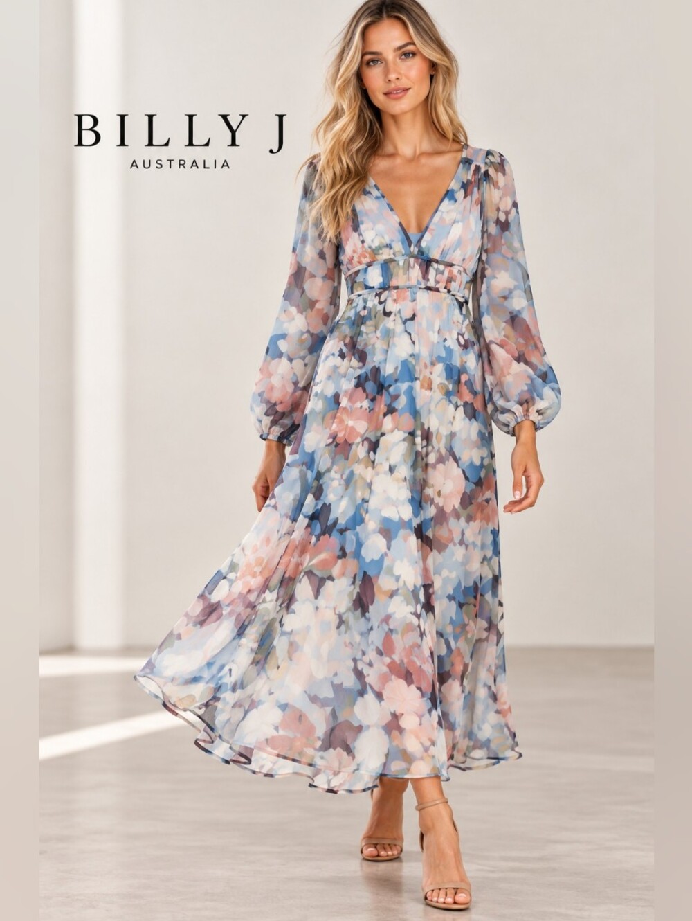 Billy J Floral Midi Dress Blue Pink Long Sleeve Size 6